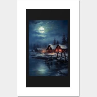 Beautiful Landscape of winter lake in mountain valley - cozy nights in blue skies Posters and Art